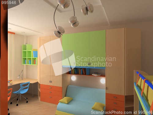 Image of Corner of Child`s bedroom with colorful furniture