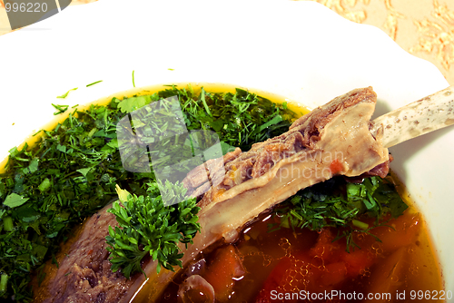 Image of appetizing hot soup in a soup-plate  