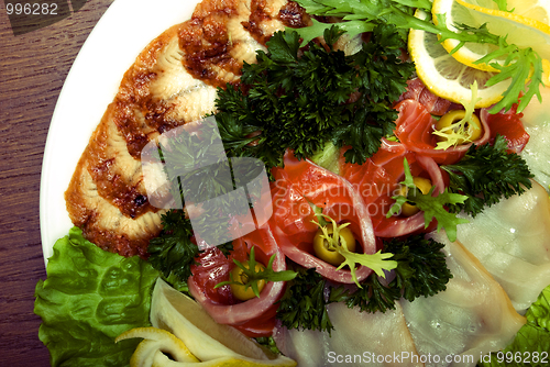 Image of Appetizer made of meat and fish   