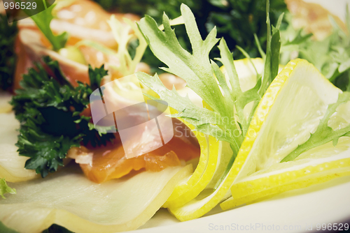 Image of Appetizer made of meat and fish     