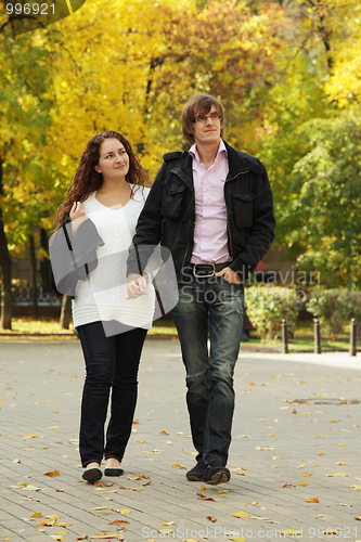 Image of Couple walking by autumn park