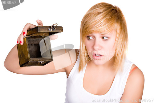 Image of blond woman with empty wooden box