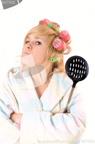 Image of housewife with curlers and skimmer
