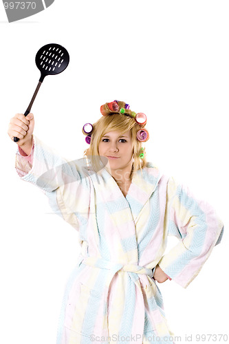 Image of funny housewife with curlers and skimmer