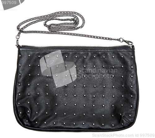 Image of Black leather feminine bag with chain