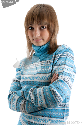 Image of Portrait young beautiful girl in striped sweater