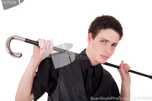 Image of Young confident man holding a cane