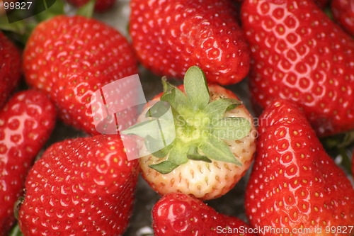 Image of strawberries and one green top