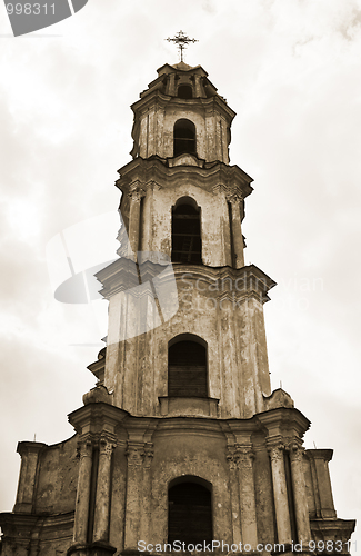 Image of abandoned church, bell-tower in Vilnius old city center