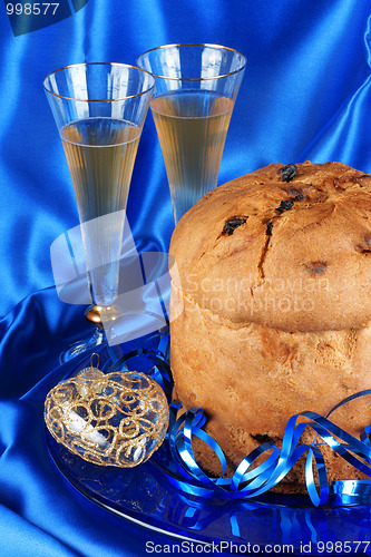 Image of Italian Christmas composition with panettone and spumante