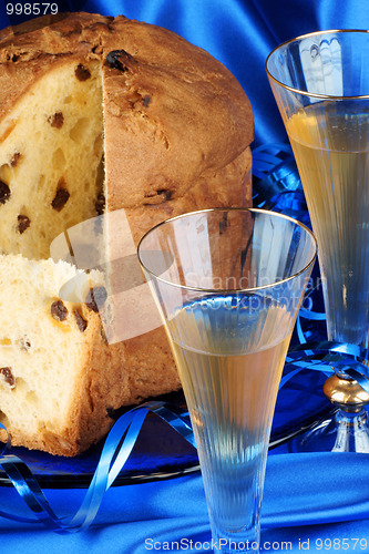 Image of Italian Christmas composition with panettone and spumante