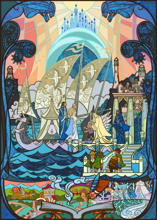 La historia de El Señor de los Anillos a través de Jian Guo 27 26. Galadriel, Elrond, Bilbo, Frodo y Gandalf abandonan la Tierra Media
