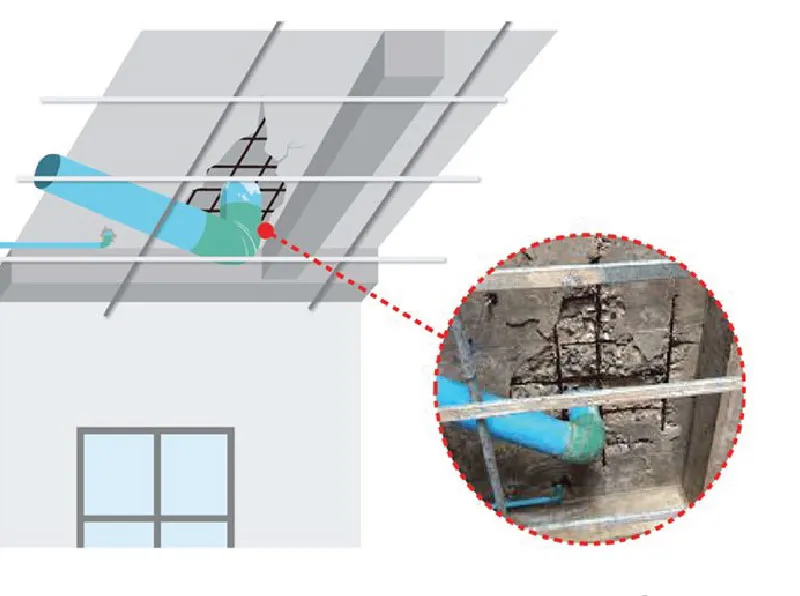 ตัวอย่างสภาพใต้ท้องพื้นที่คอนกรีตแตกกะเทาะ เนื่องจากมีน้ำรั่วซึมตามรอยร้าวของพื้น