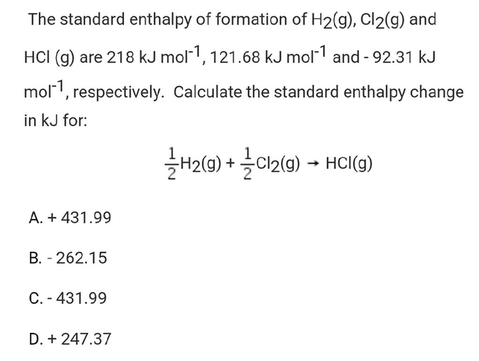 The Standard Enthalpy Of Formation Of H2 G Cl2 G And Hci Scholr