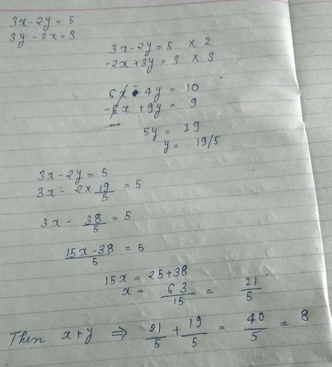 If 3x 2y 5 And 3y 2x 3 Then Find The Value Of X Y Scholr