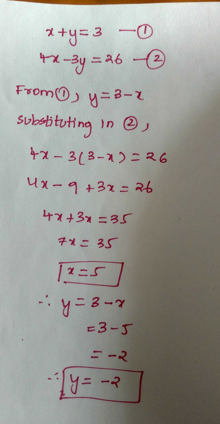 Solve X Y 3 And 4x 3y 26 Using Substituting Method Scholr