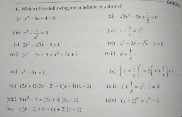 Exerc 1 Which Of The Following Are Quadratic Equations I Scholr