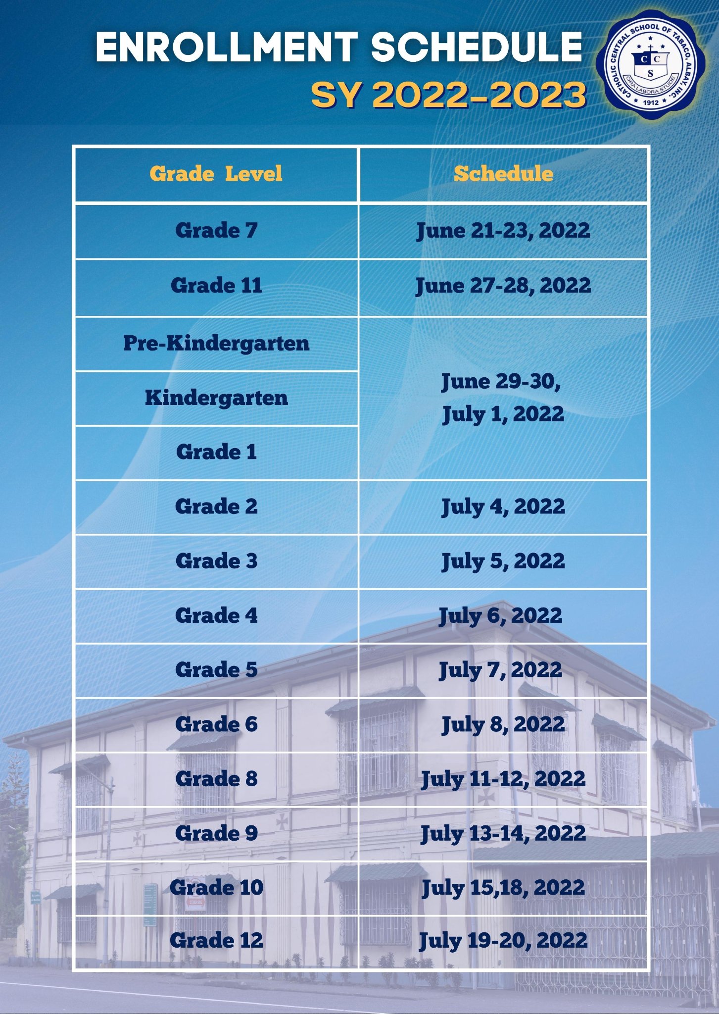 SCHEDULE OF ENROLLMENT for SY 2022-2023.