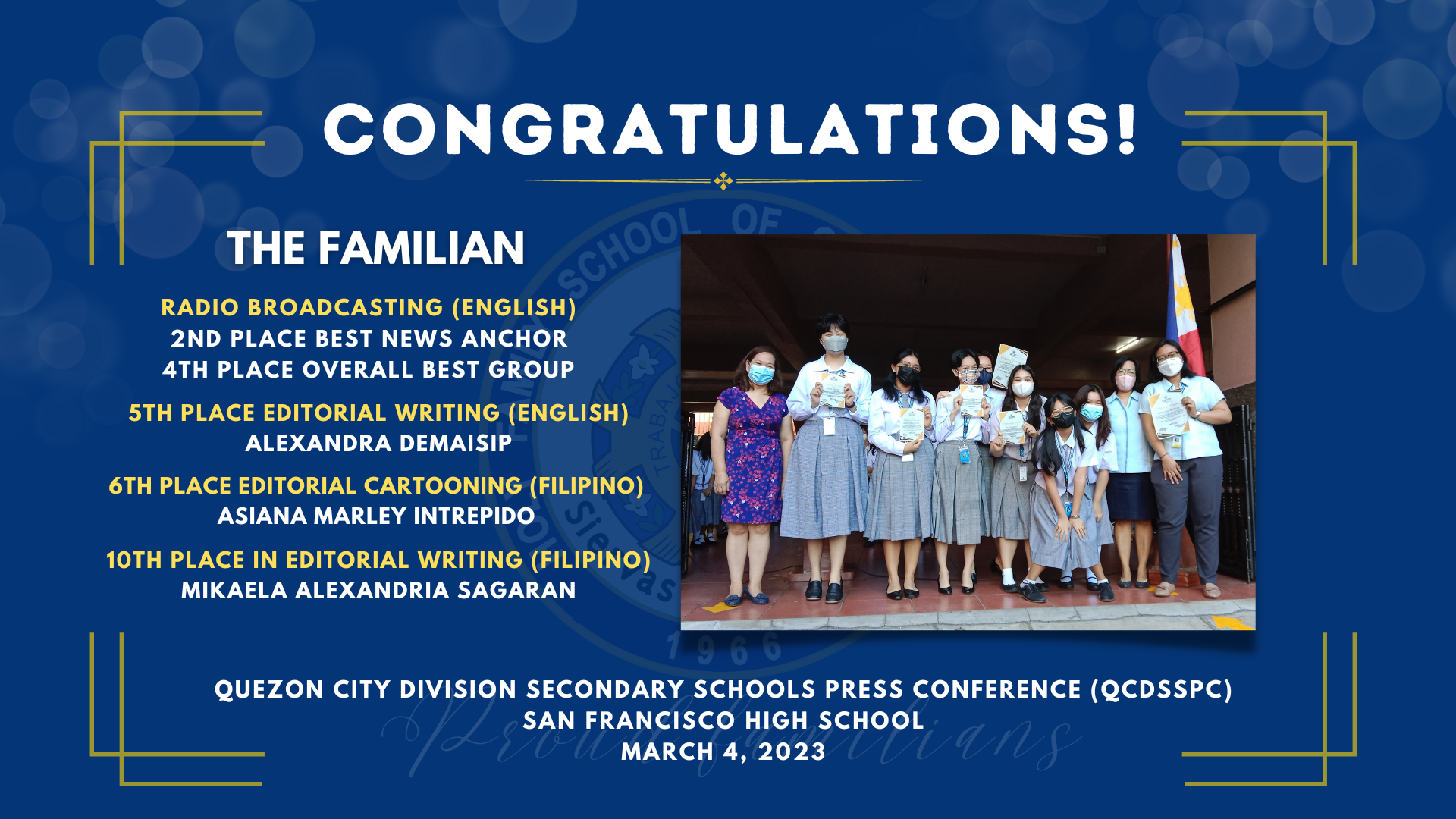 THE FAMILIAN bagged several awards at the recently concluded Quezon City Division Secondary Schools Press Conference