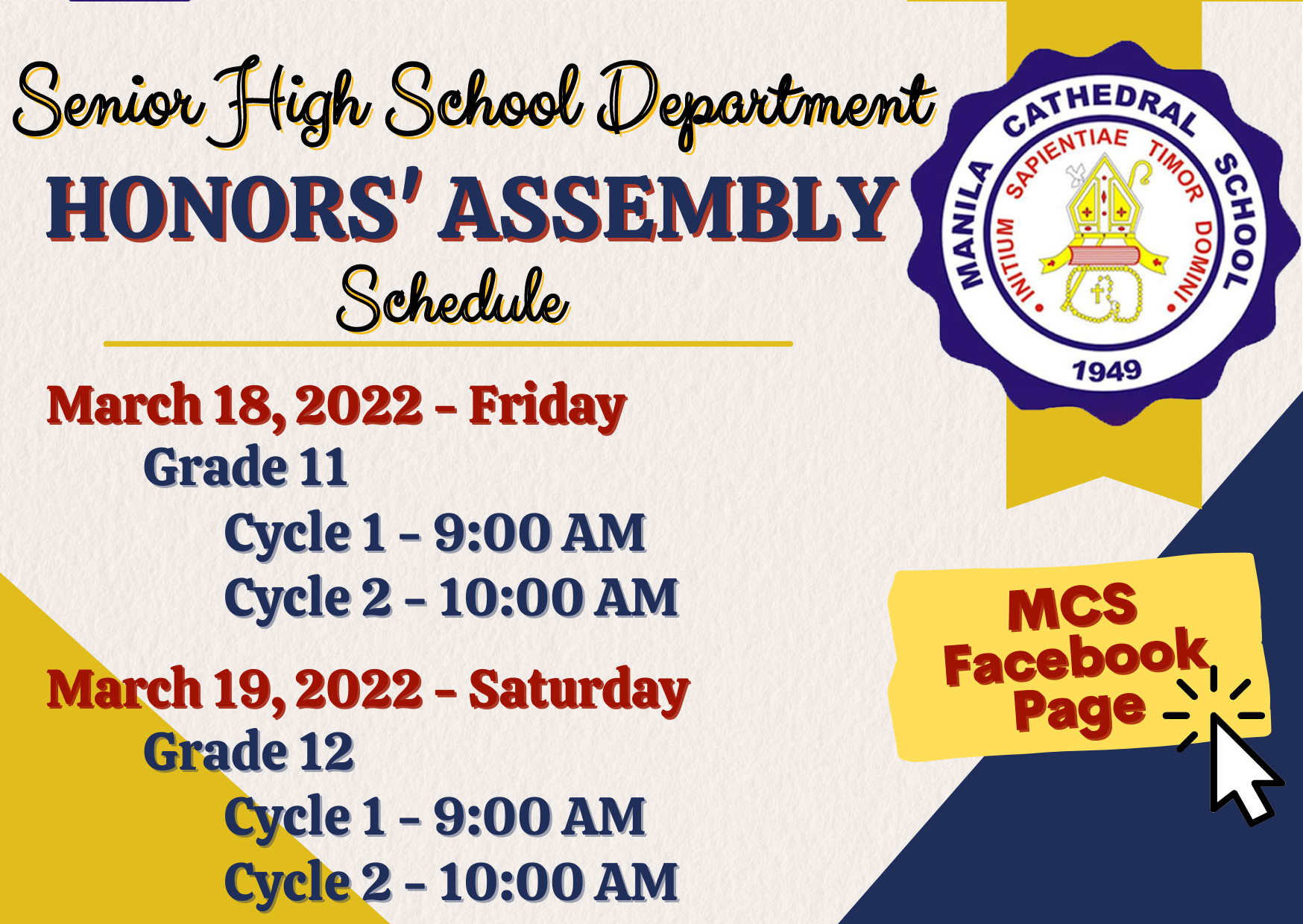 Head's up, MCSians! Here is the schedule of our 2nd Quarter Virtual Honors' Assembly on March 18, 2022 (Grade 11), and March 19, 2022 (Grade 12). Stay tuned!