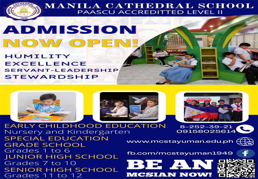 Angat at iba sa Katolikong Paaralan! Choose the right school for your child.  Mag-enrol na sa Manila Cathedral School! Application for SPED, and Preschool to SHS is ongoing. For requirements and other