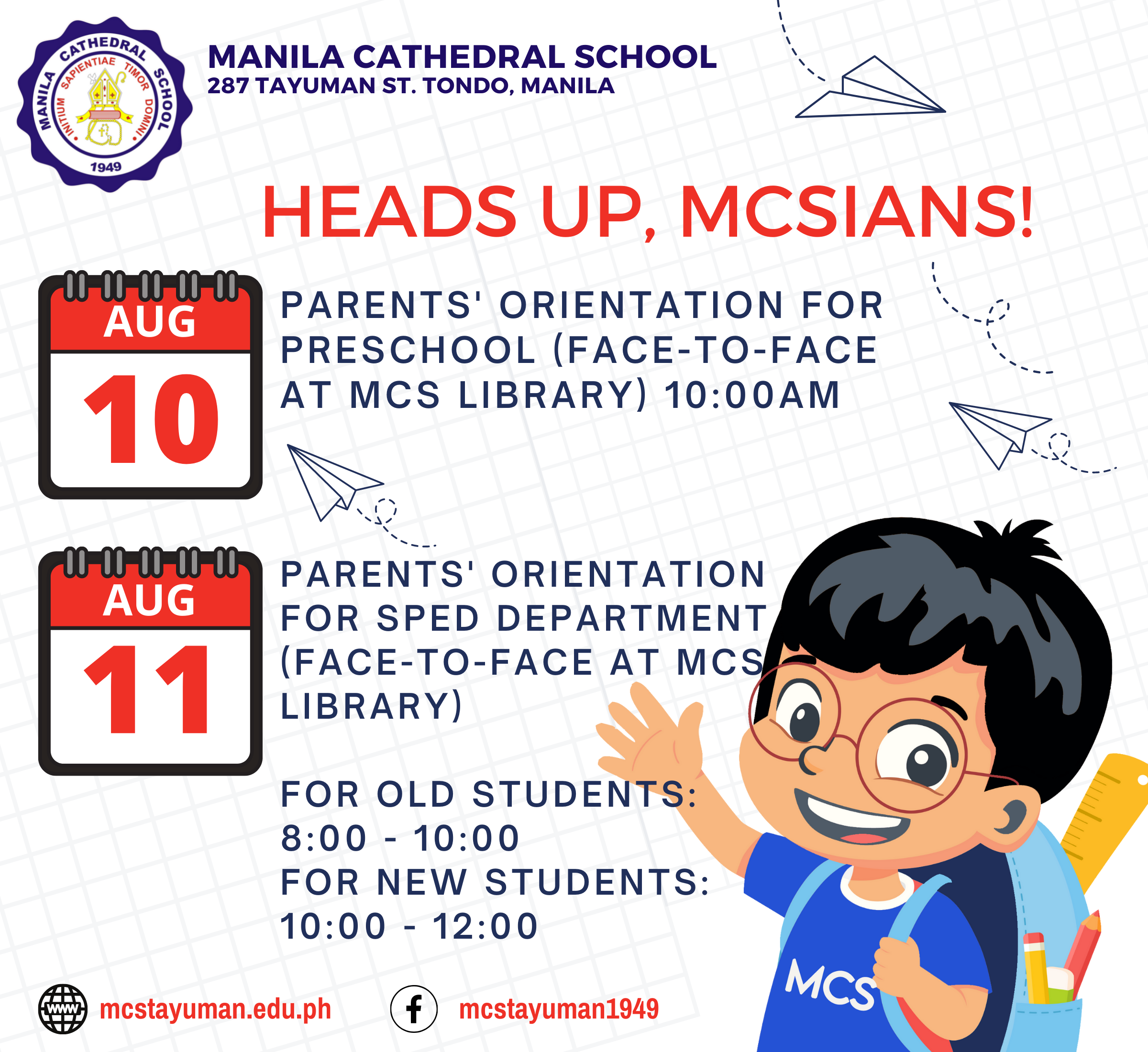 Heads Up! Parents' Orientation Schedule for SPED and Preschool. 