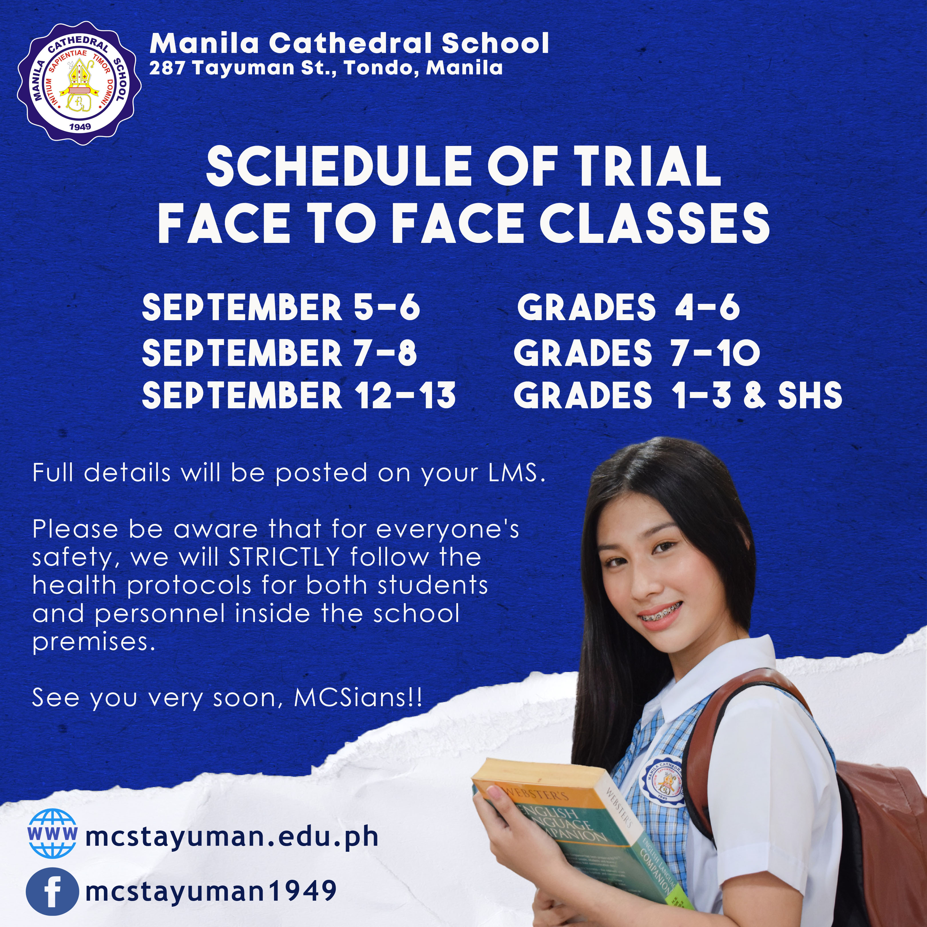 Good day, MCSians! Check out the schedule of the trial face to face classes or SHINE (School Hands-on Instruction and Engagement) here!