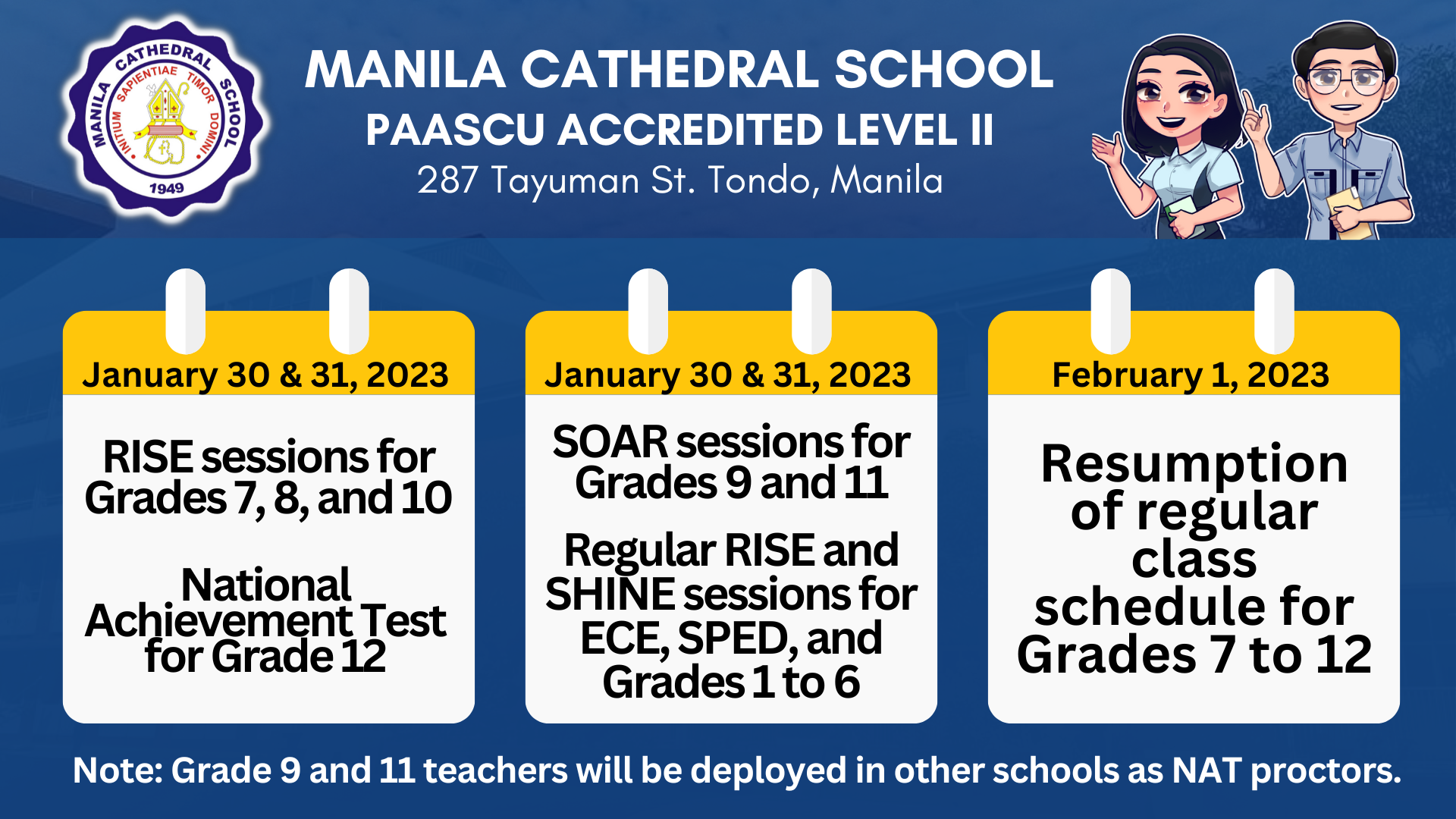 Good day to our dear students, parents, and guardians! Please be reminded that Grades 7, 8, and 10 will have RISE (online) sessions on January 30-31, 2023. This is in line with the Grade 12 National A