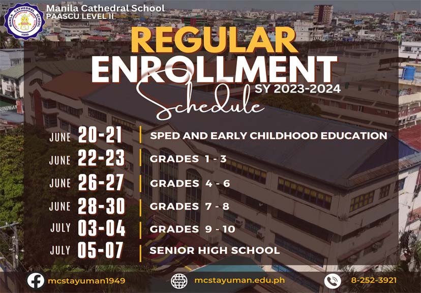 MCS is now open for enrollment for S.Y. 2023-2024. Avail our 5% discount on tuition fee for full cash payment until June 15, 2023. Be an MCSian, Enroll now!