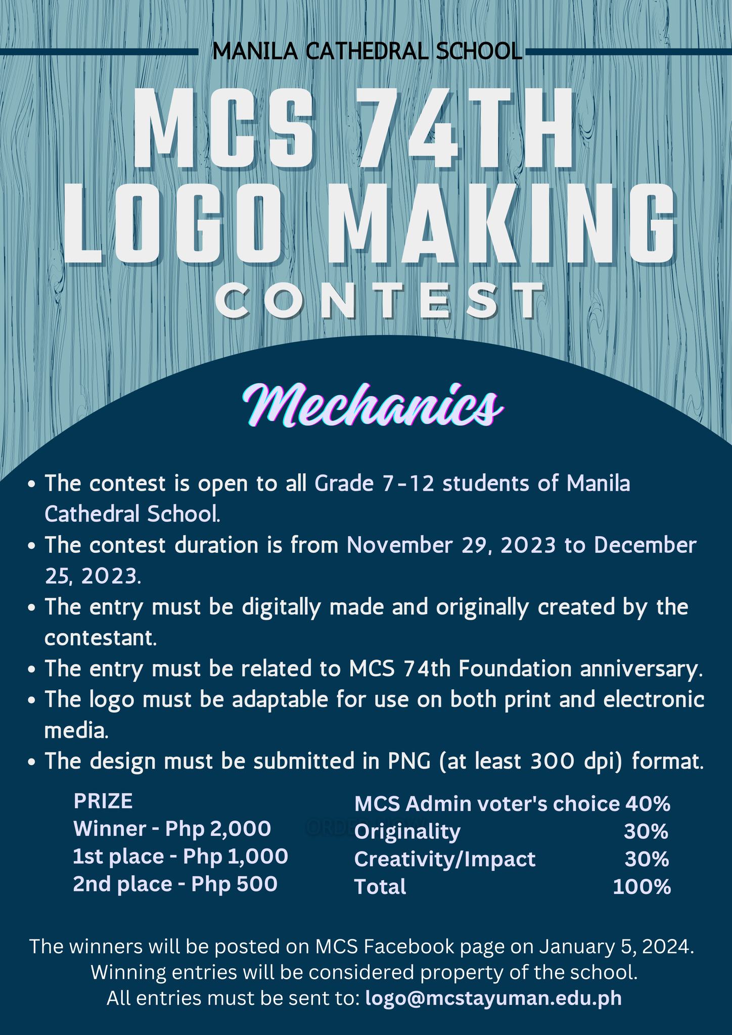 Good day, MCSIANS!  The Manila Cathedral School is looking for a student who can design an incredible school logo in preparation for our 74th Foundation celebration.  So, what are you waiting for? Com