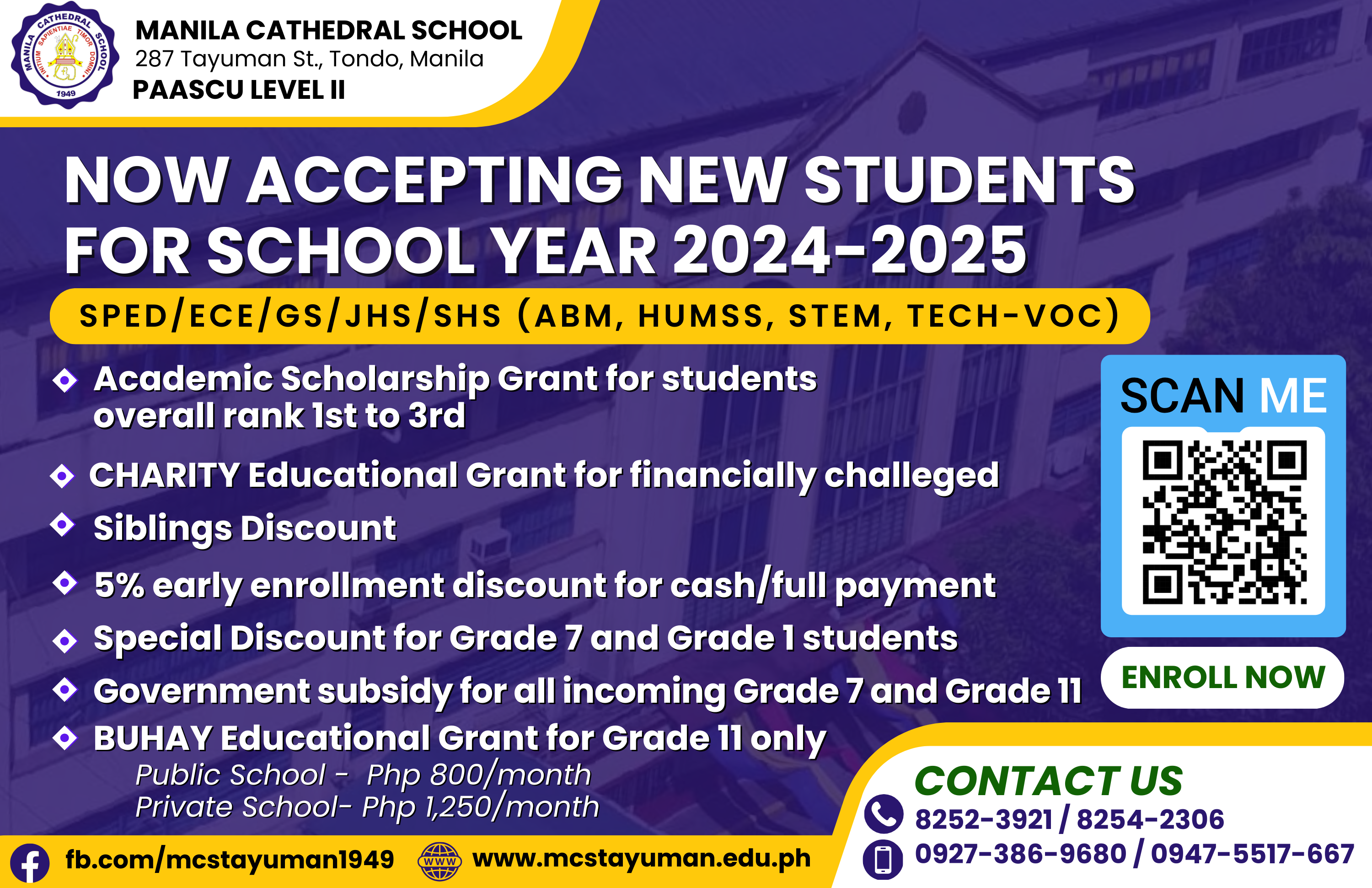 Admissions are ongoing for SY 2024-2025! Accepting applicants from SPED, Preschool to Grade 12. Click the link below for more details about the online admission procedure for NEW STUDENTS. https://mcs