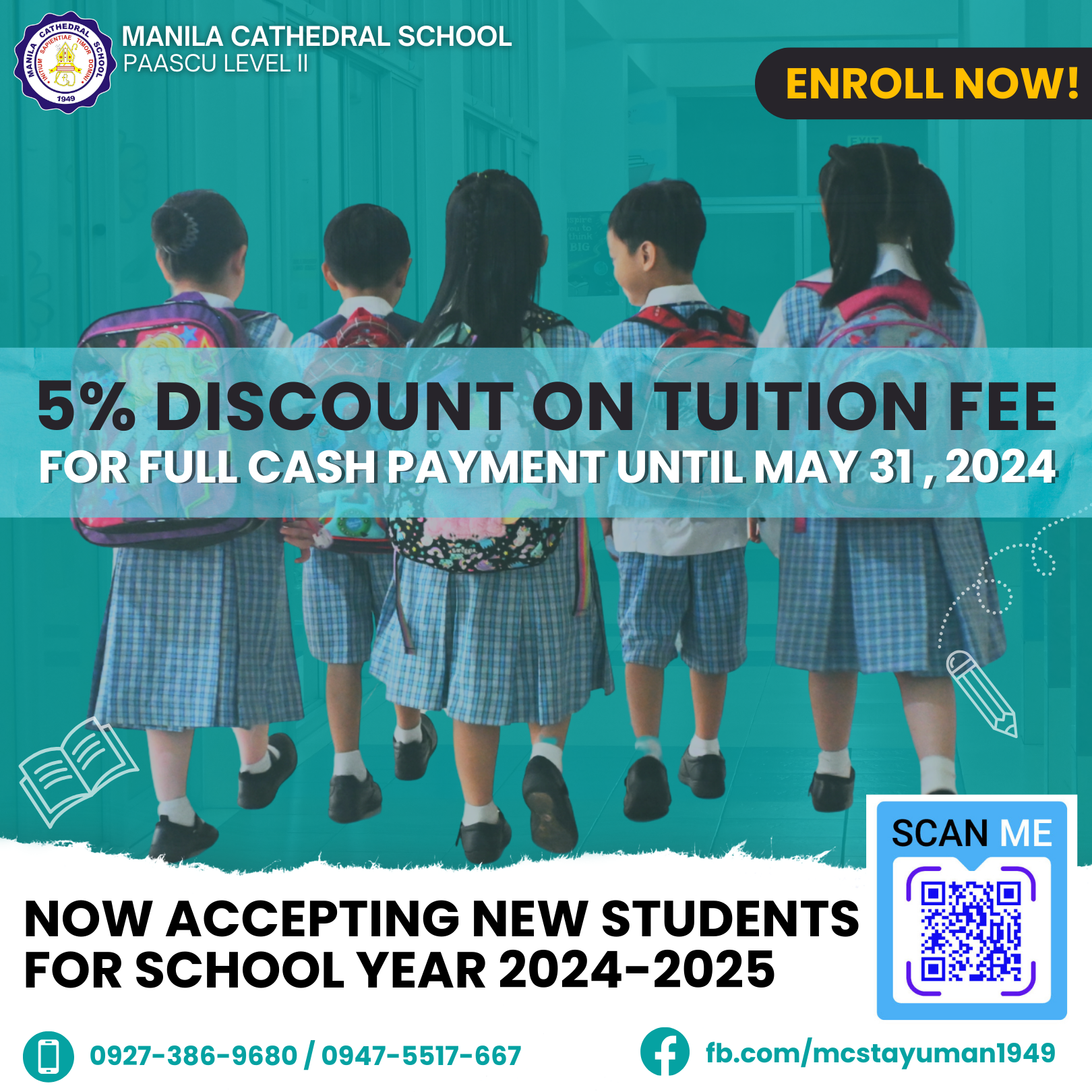 Avail our 5% discount on tuition fee for full cash payment until May 31, 2024. Be an MCSian, Enroll now!