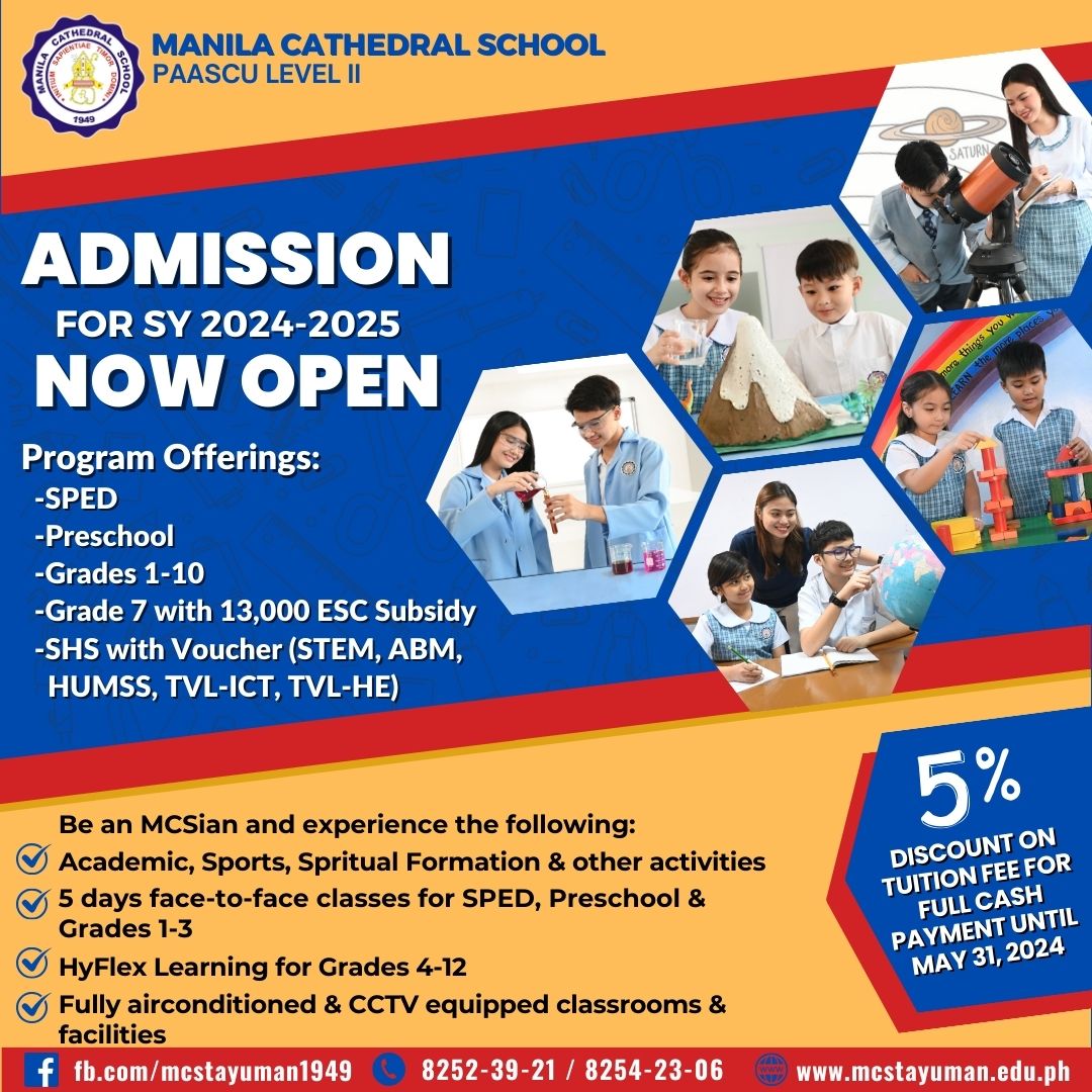 ADMISSION ONGOING! MCS is open Monday to Friday at 8am-3pm for ONSITE transactions Click the following link for more details about online admission procedures: NEW STUDENTS  https://mcssis.orangeapps.