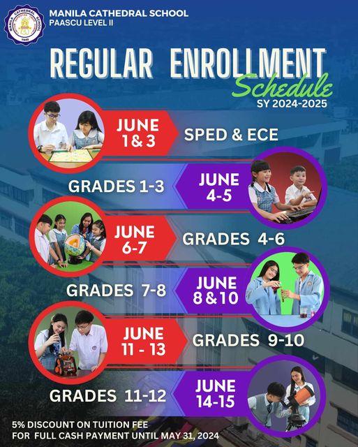 IMPORTANT ANNOUNCEMENT To our dear parents and guardians, please be guided by our enrollment schedule for SY 2024-2025: June 1&3- ECE and SPED June 4-5- Grades 1 to 3 June 6-7- Grades 4 to 6 June 8&10