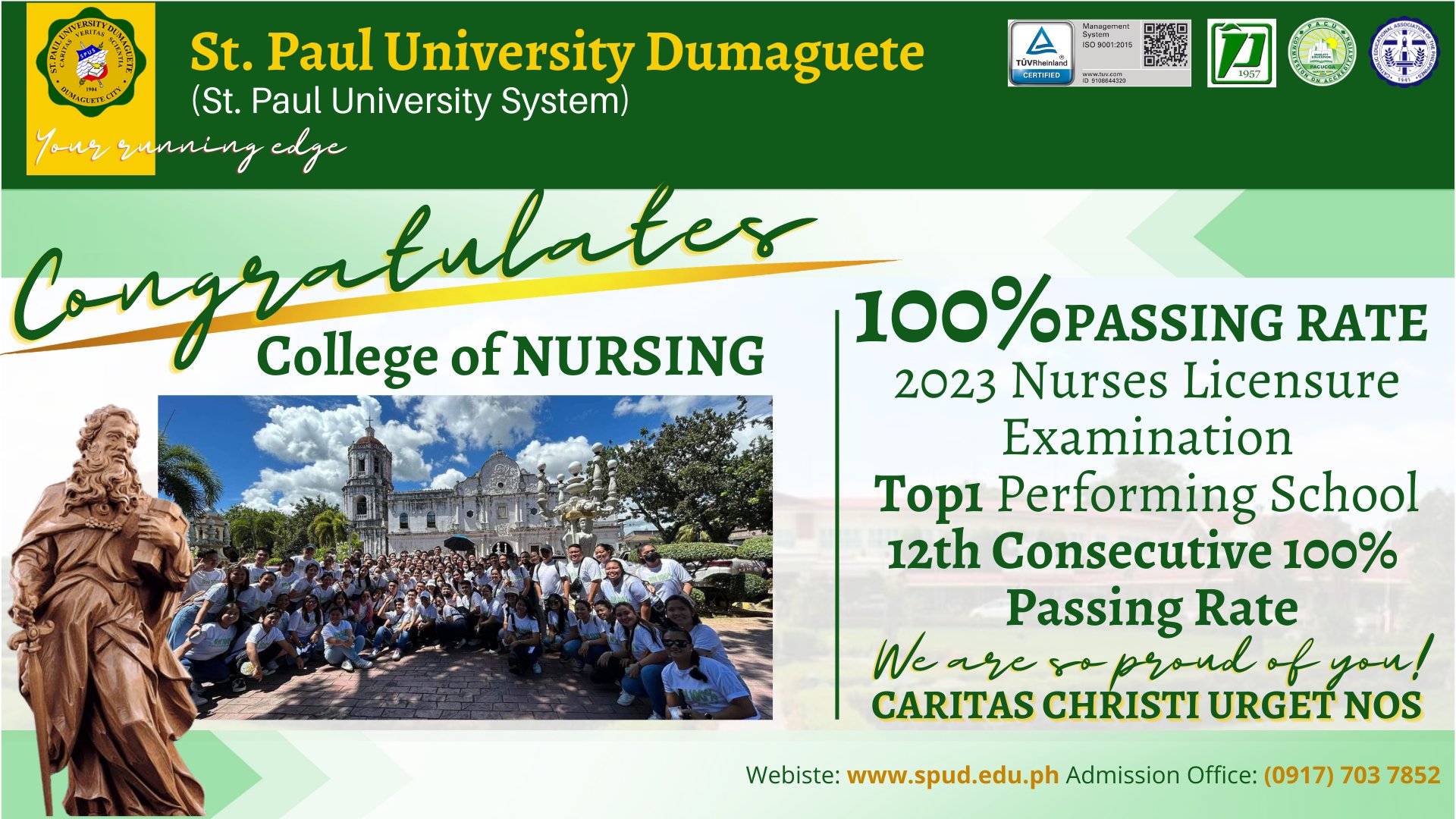  SPUD - St. Paul University Dumaguete has been ranked first top-performing school in the November 2023 Philippine Nurses Licensure Examination (PNLE) with a 100% passing rate.