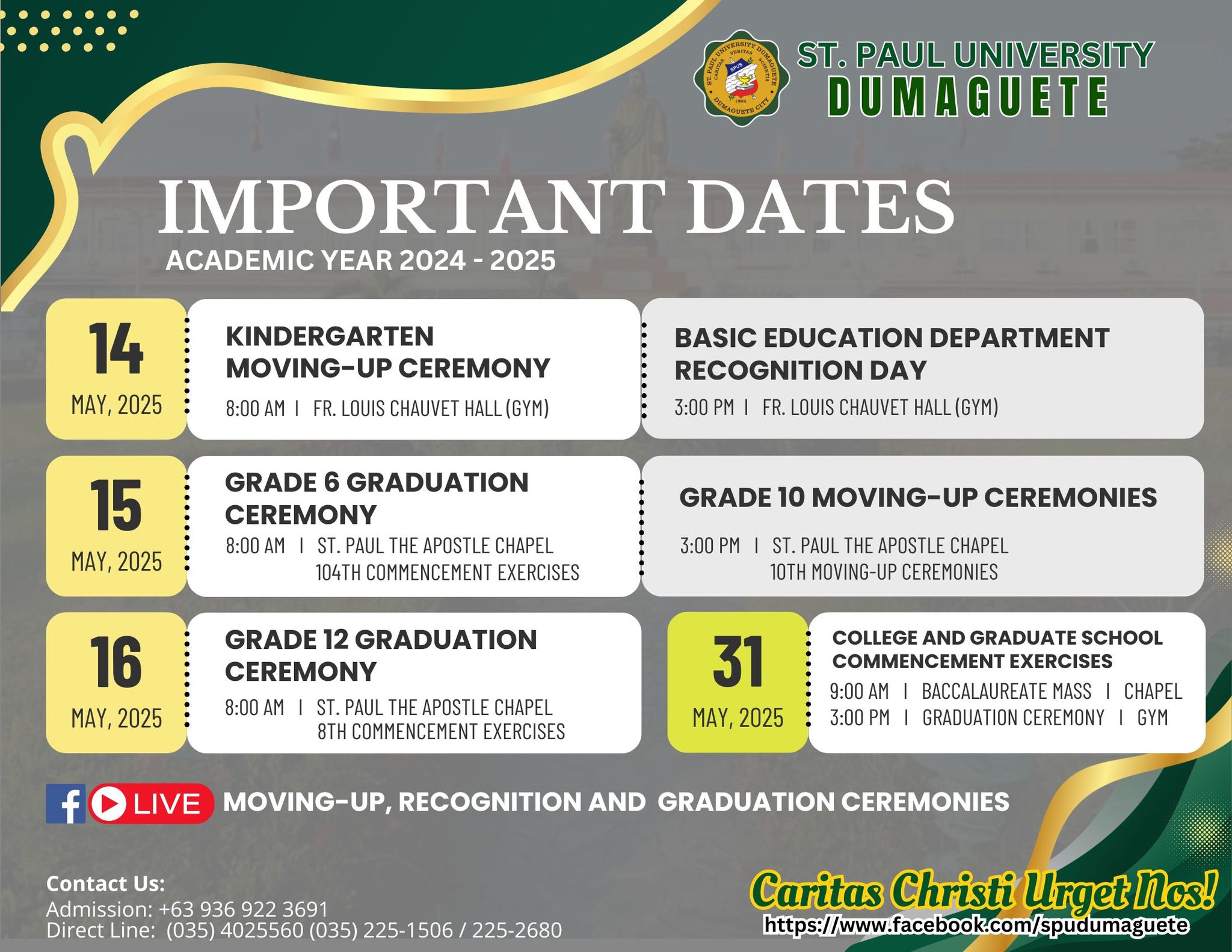 Important Dates for Moving-Up, Recognition, and Graduation Academic Year 2024-2025
