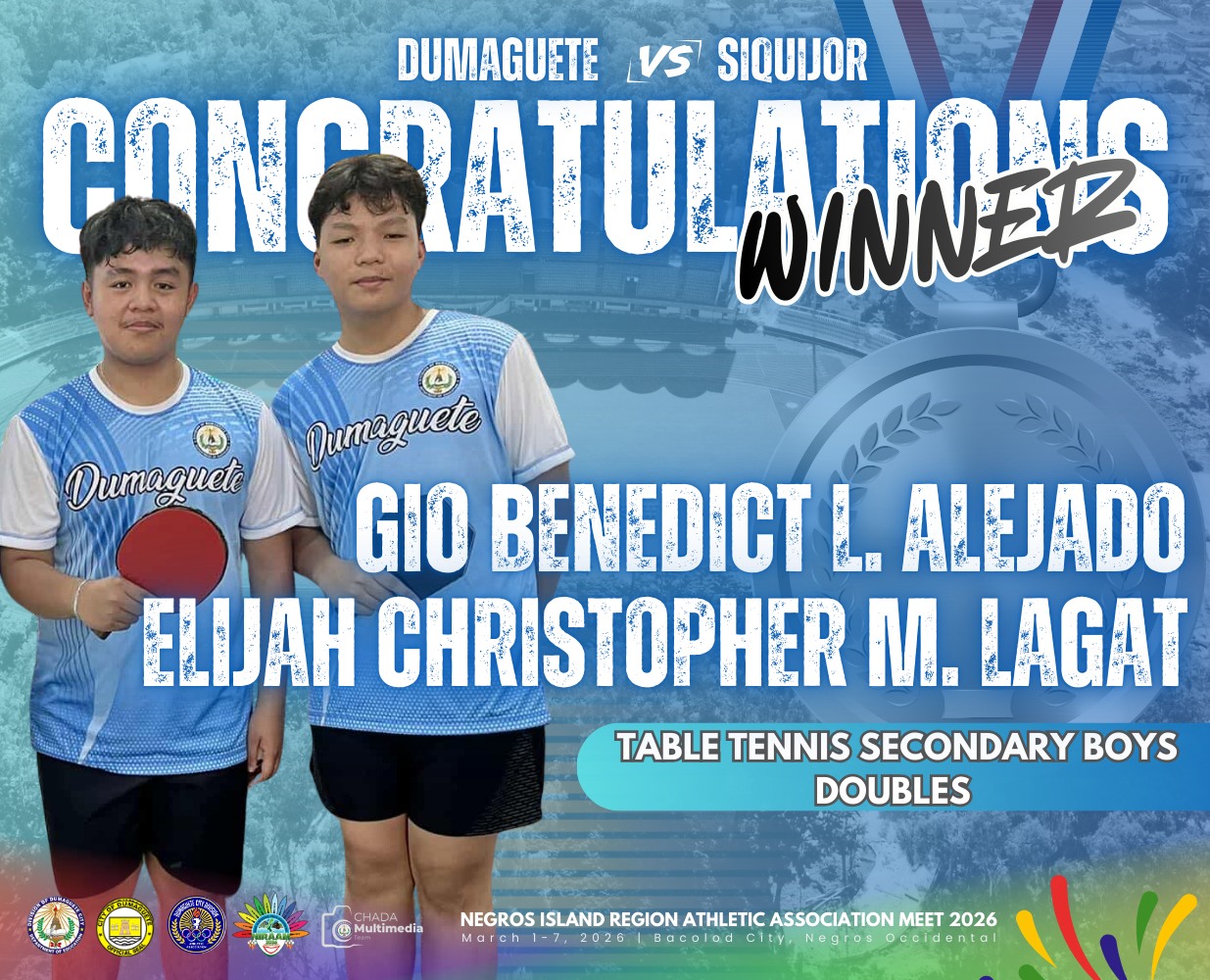 In the Table Tennis Secondary Boys Doubles match, Dumaguete emerged victorious against Siquijor, showcasing outstanding teamwork, skill, and determination at the table!