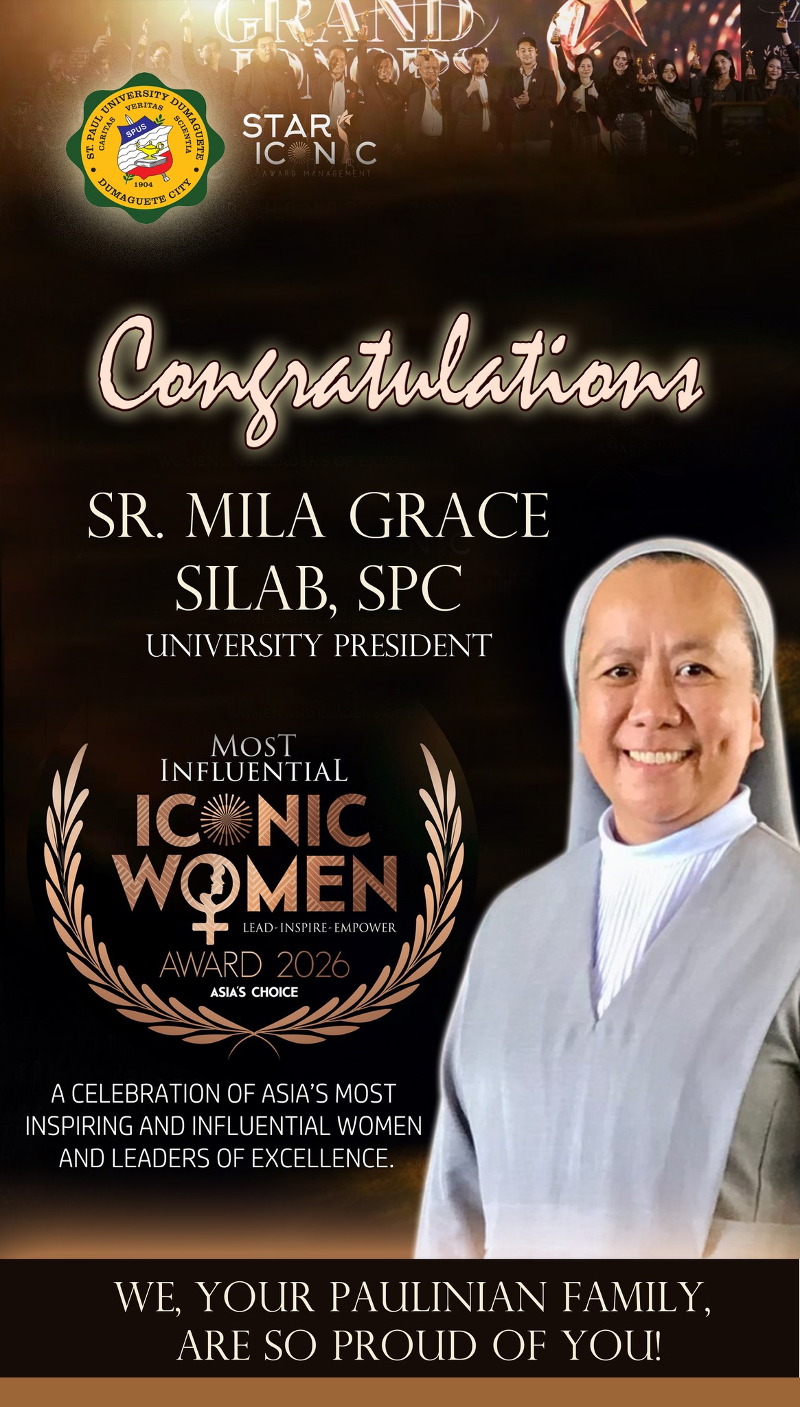 Proud and grateful as Sr. Mila Grace A. Silab, SPC receives the Most Influential Iconic Award 2026 at Grand Honors 2026 in Jakarta