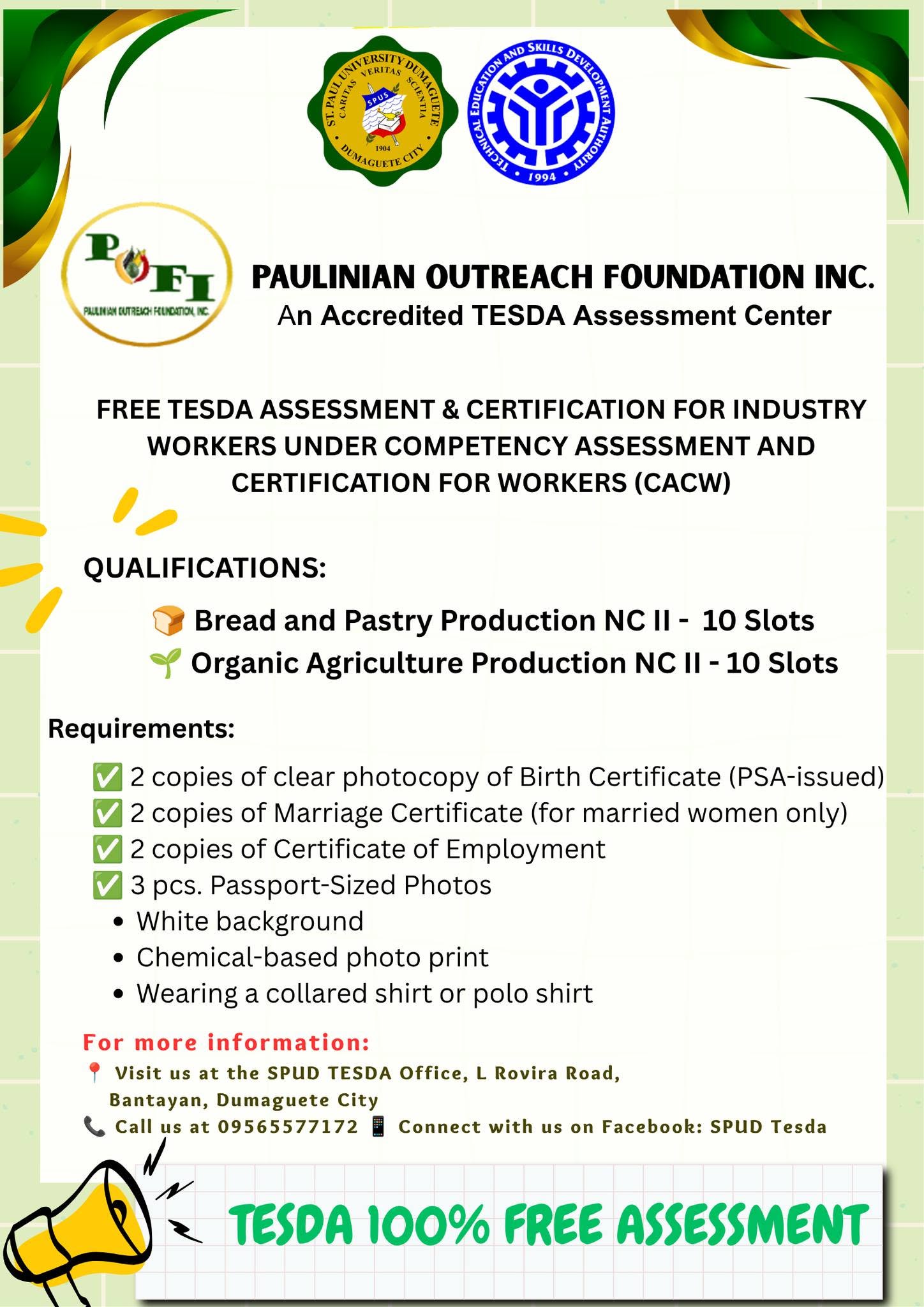 FREE TESDA ASSESSMENT & CERTIFICATION FOR WORKERS (CACW)