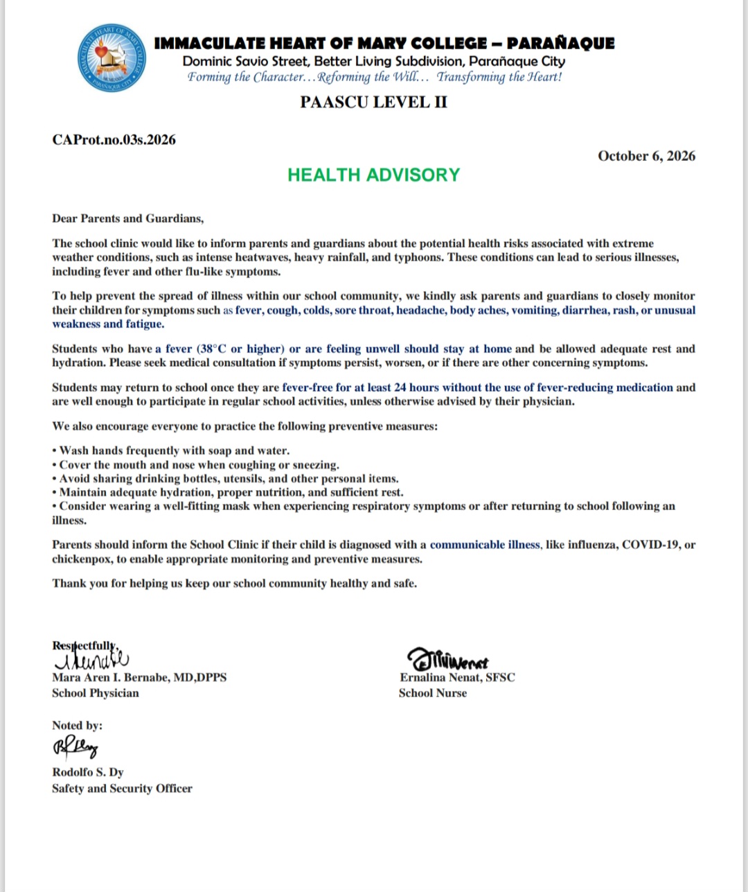 HEALTH ADVISORY