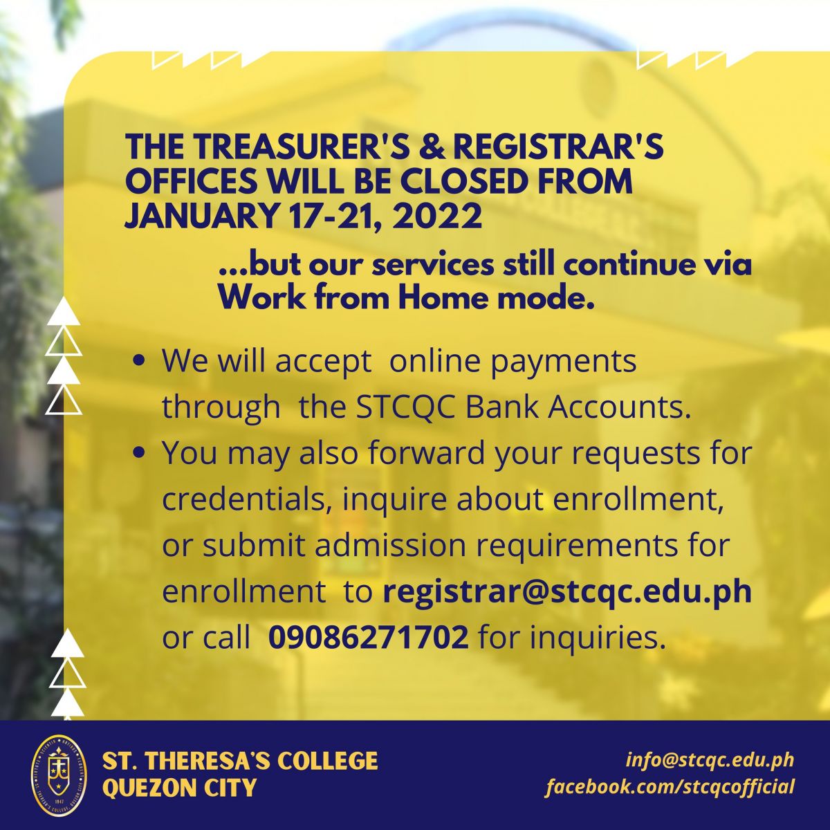 TREASURER'S AND REGISTRAR'S OFFICES WILL BE CLOSED FROM JANUARY 17-21, 2022