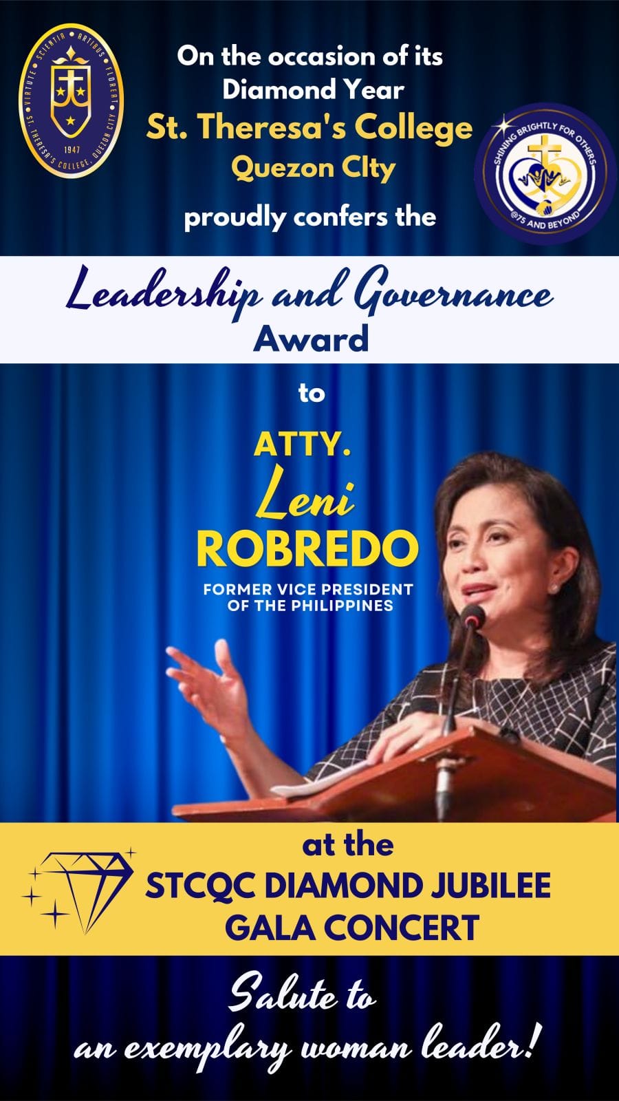 St. Theresa's College Quezon City proudly confers the Leadership and Governance Award to Atty. Leni Robredo,