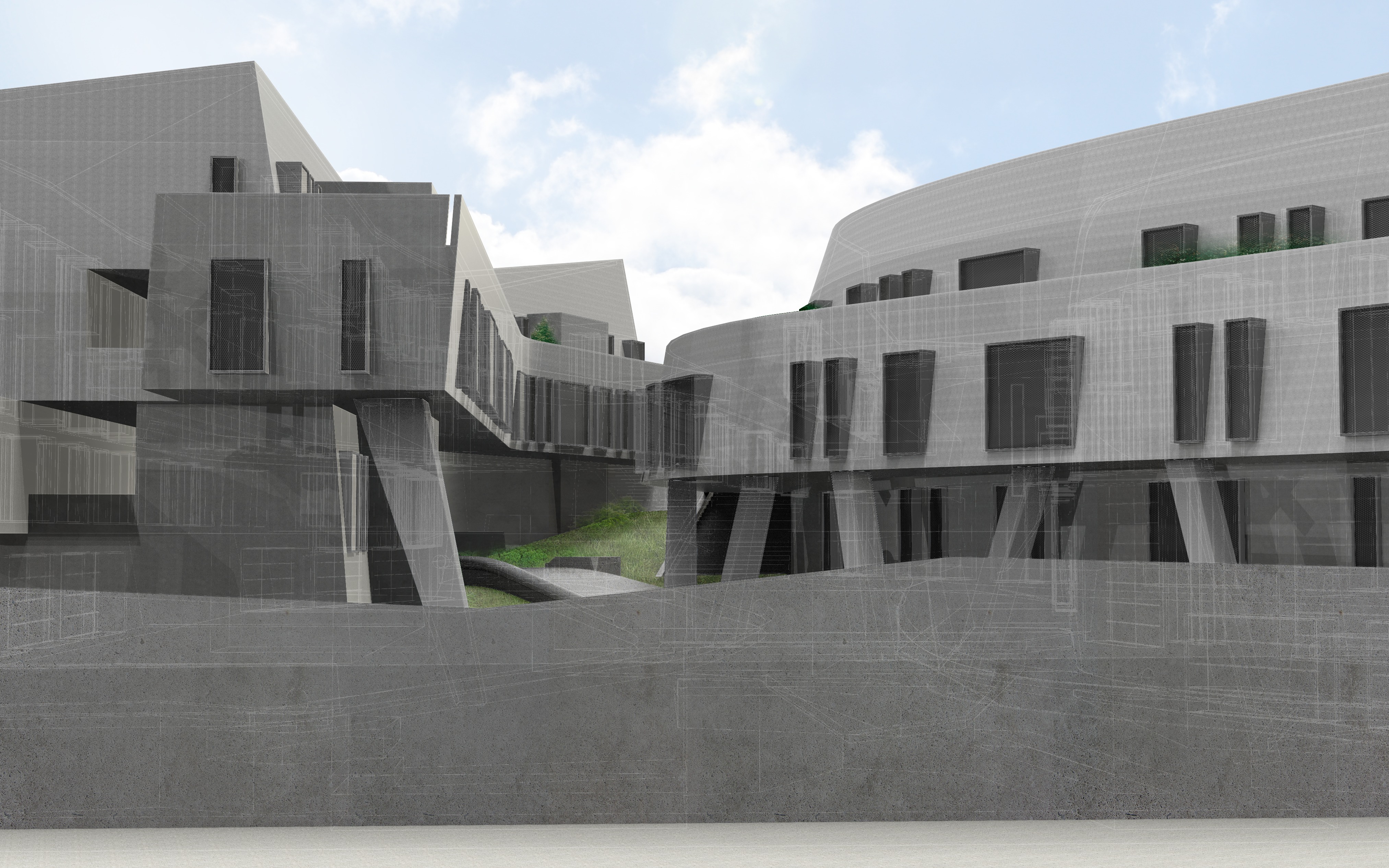 perspective elatvational rendering grey contemporary multistory hiddenline