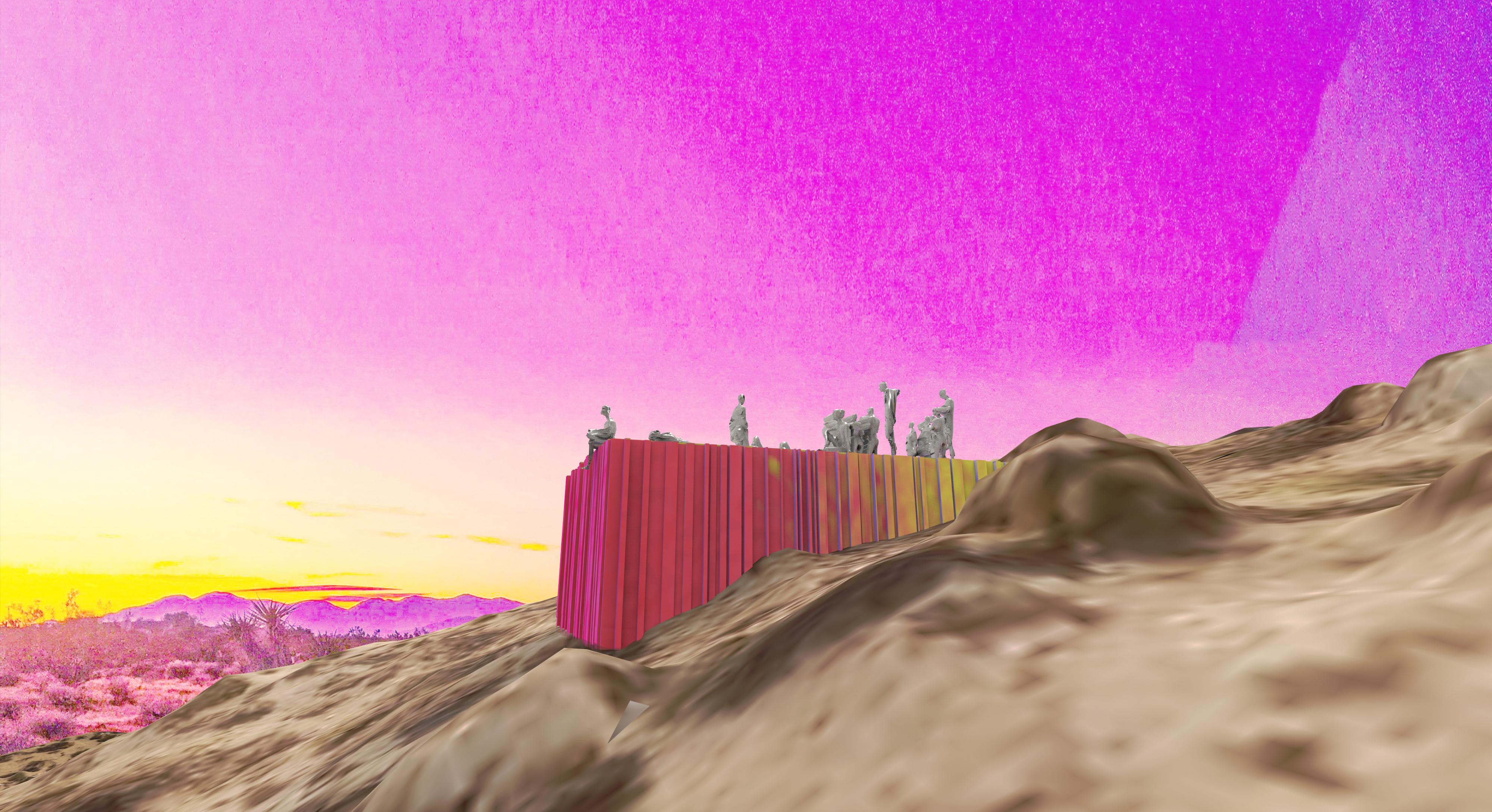 digitally produced dystopic desertscape corrugated metal box