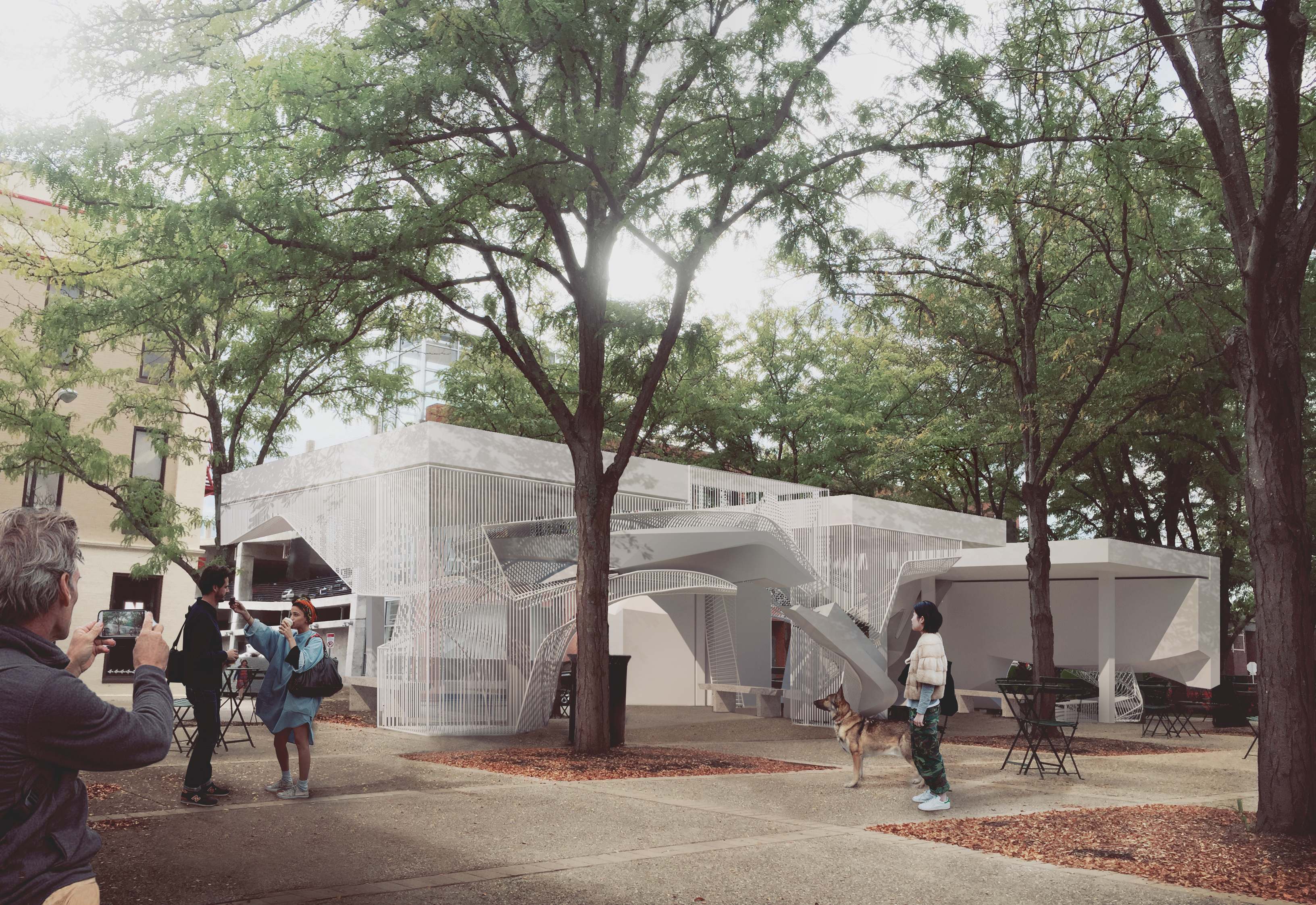 rendering of people gathered around white wireframe pavilion