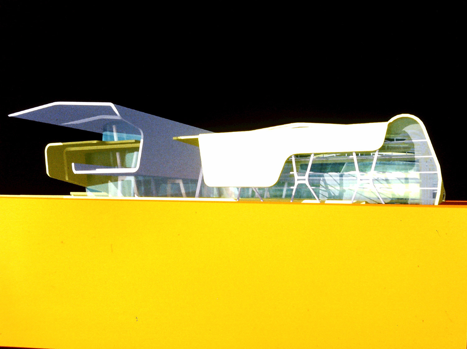 Project by Friedrich Tuczek for Neil Denari's spring 1997 vertical studio digital computer rendering building on yellow field