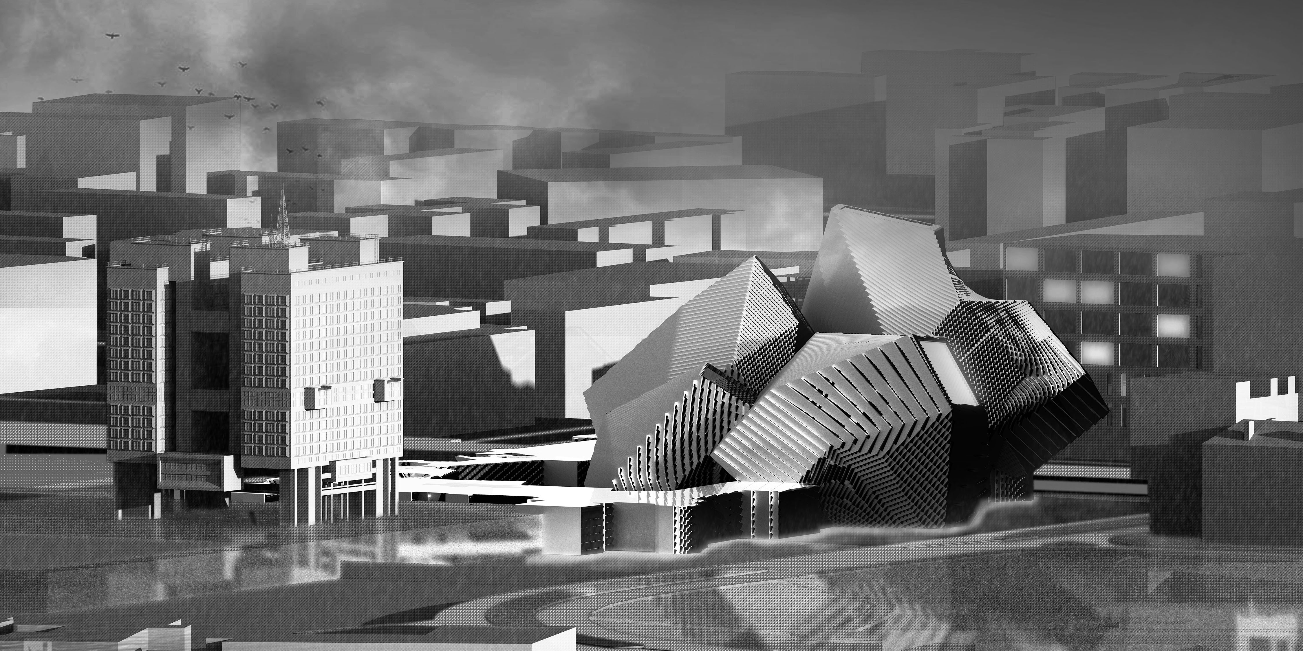 black and white render of multistory model by student