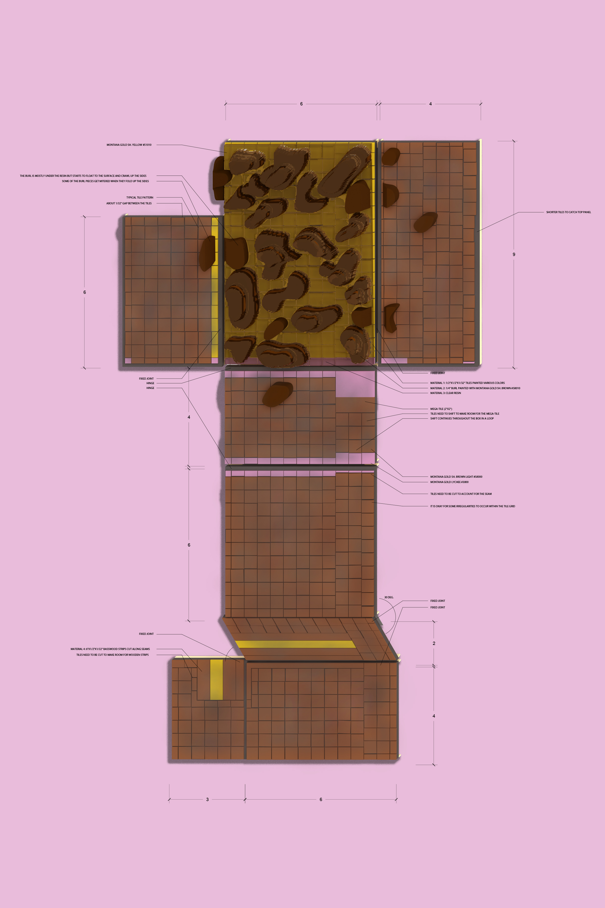 A brown tile fabrication drwaing showing details