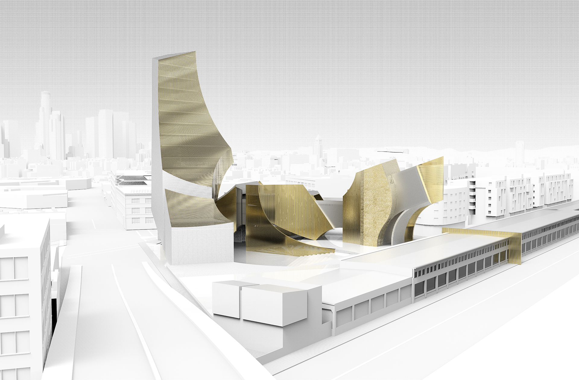 isometric white and gold render of model by architecture student