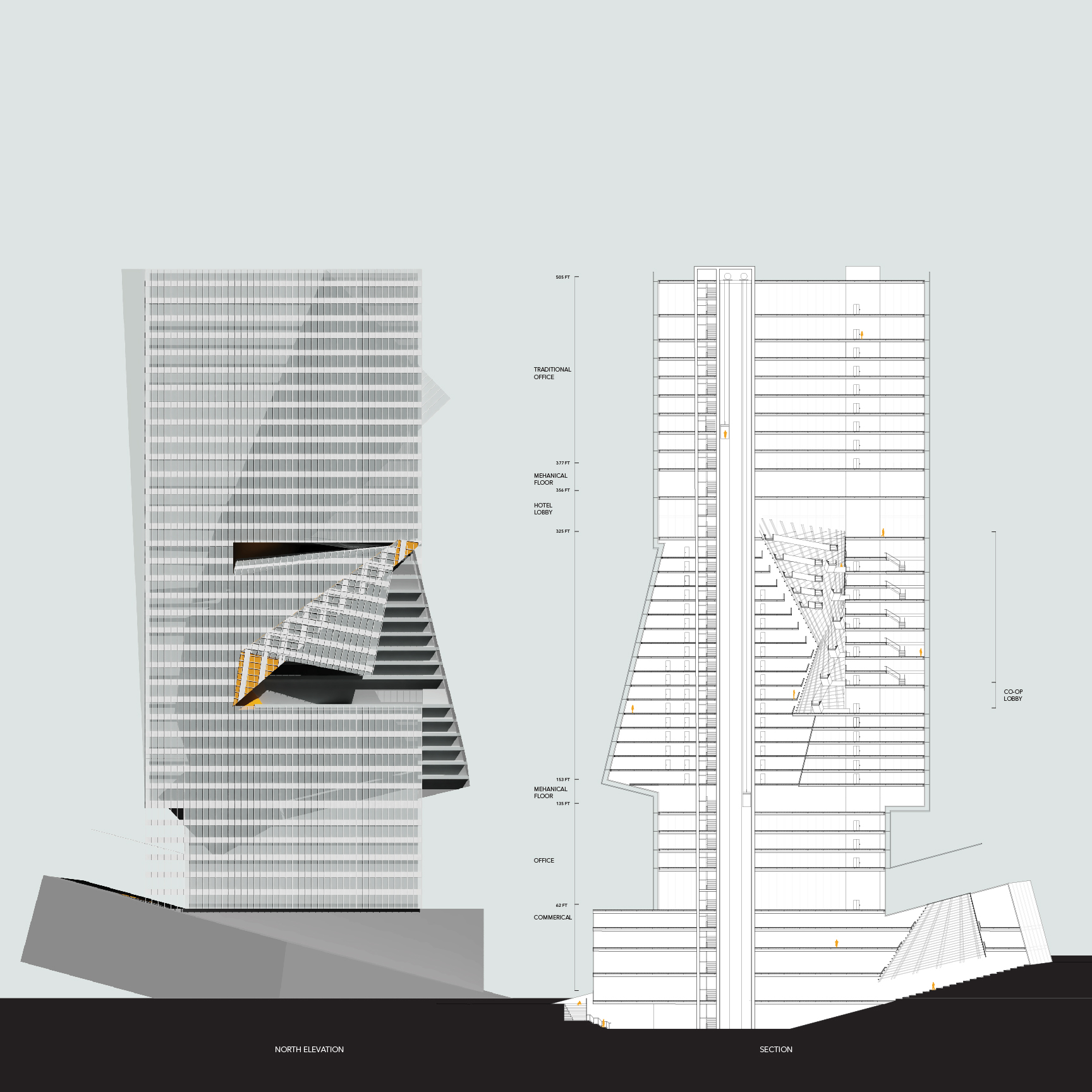 Section and Elevation of a building with folding facade